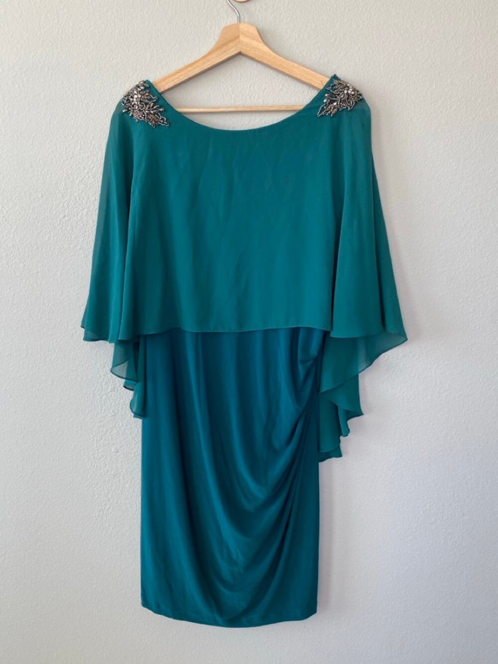 Oleg Cassini Dress 14 Womens Teal Cape Beaded Wedding Guest Sheath Bride's Mom